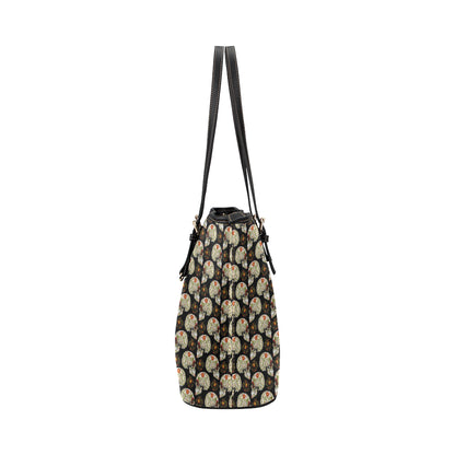 Sugar Skull Flower Design Themed Print Leather Tote Bag