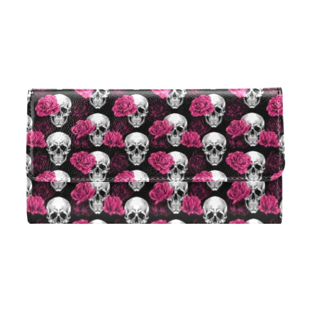Pink Rose Skull Themed Print Women's Trifold Wallet
