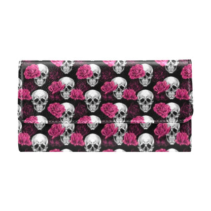 Pink Rose Skull Themed Print Women's Trifold Wallet