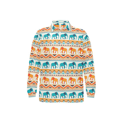Elephant Aztec Ethnic Print Pattern Long Sleeve Polo Shirt For Men's