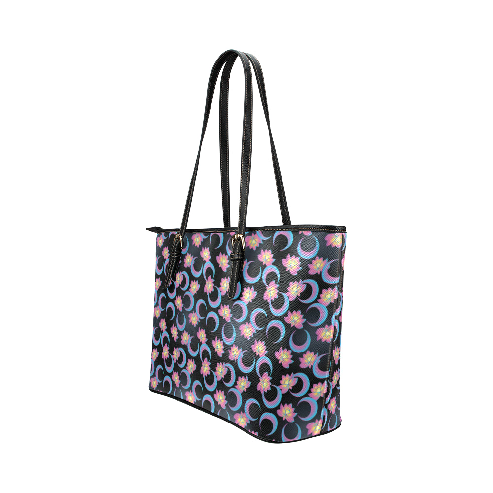 Lotus with Moon Pink Print Themed Leather Tote Bag