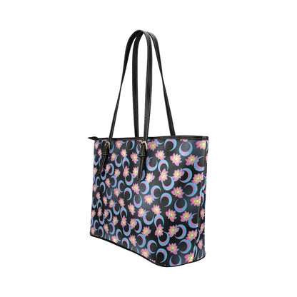 Lotus with Moon Pink Print Themed Leather Tote Bag