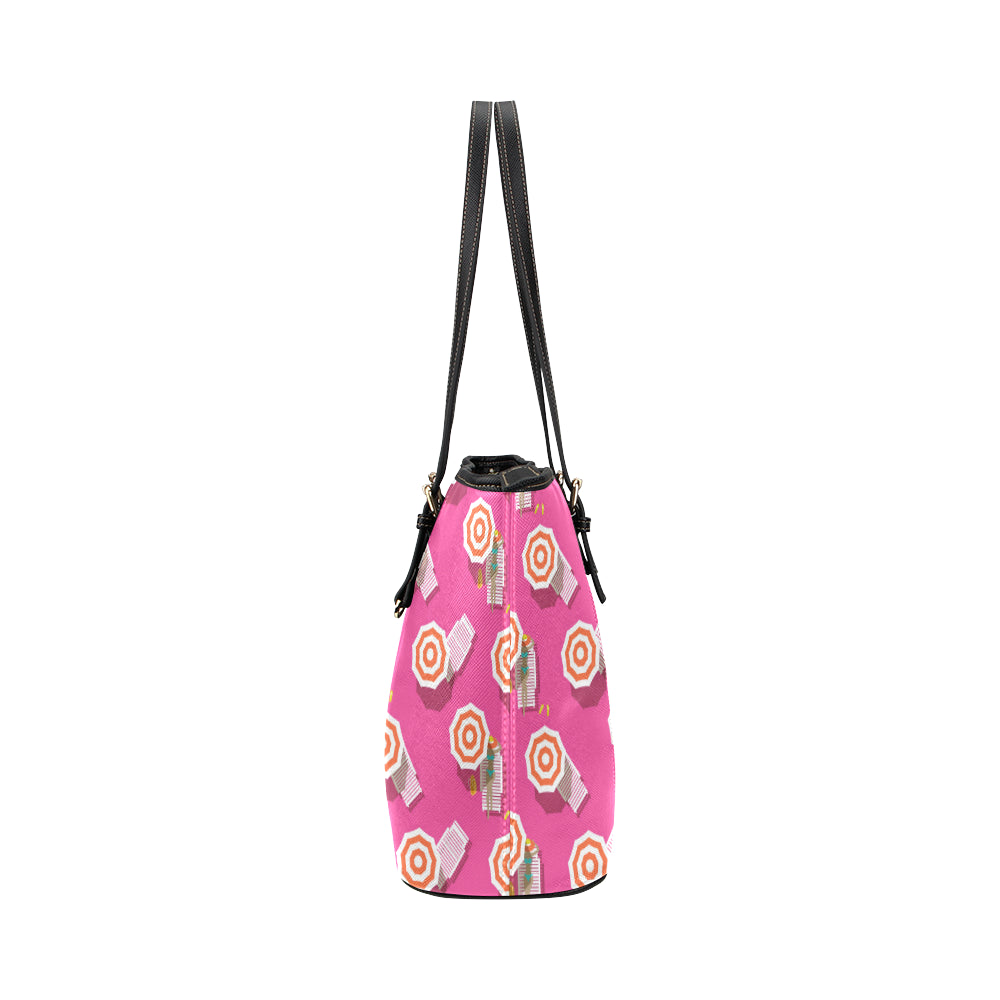 Beach Top View Umbrella Theme Leather Tote Bag