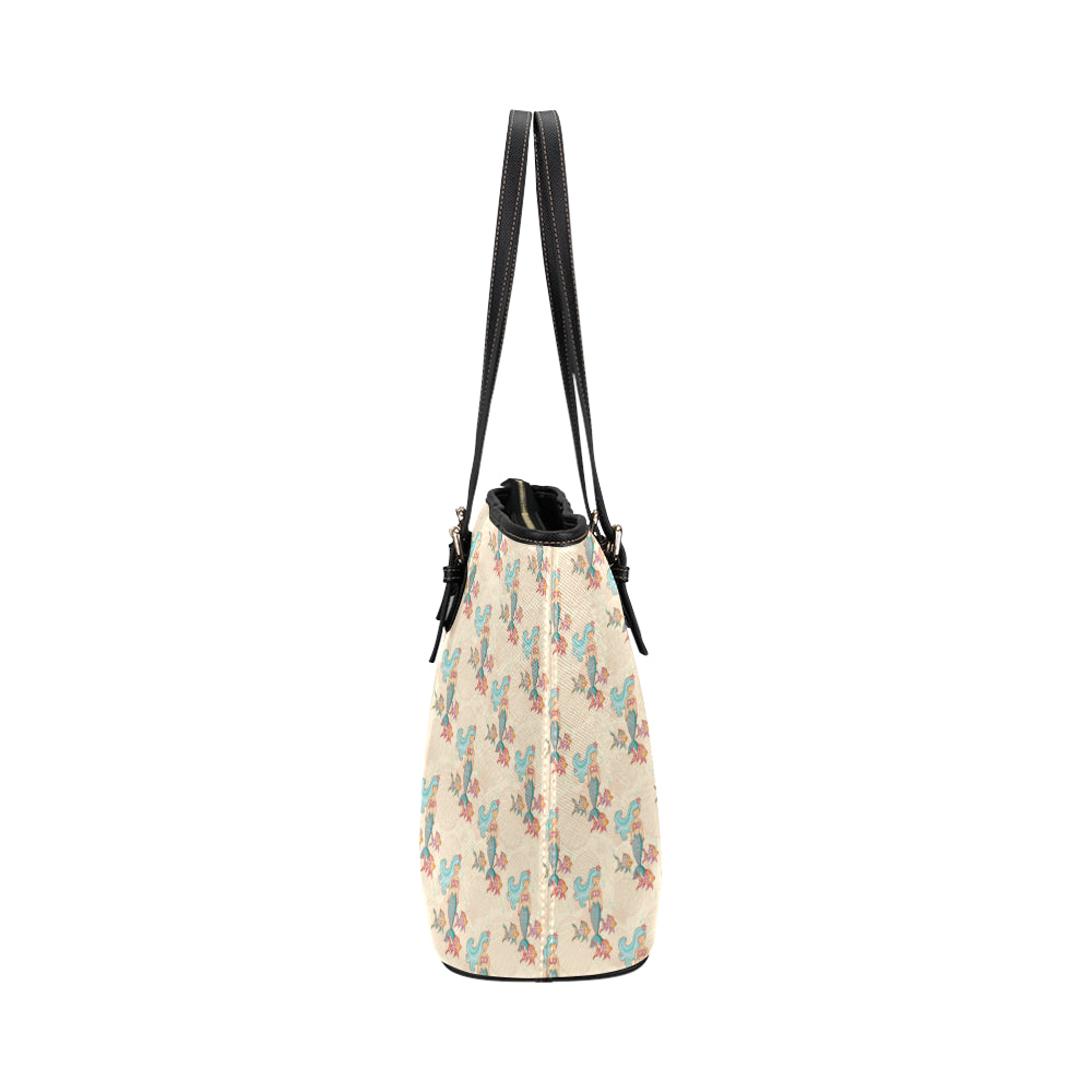 Mermaid Girl With Fish Design Print Leather Tote Bag