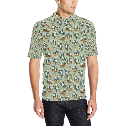 Panda Bear Design Bamboo Print Men Polo Shirt