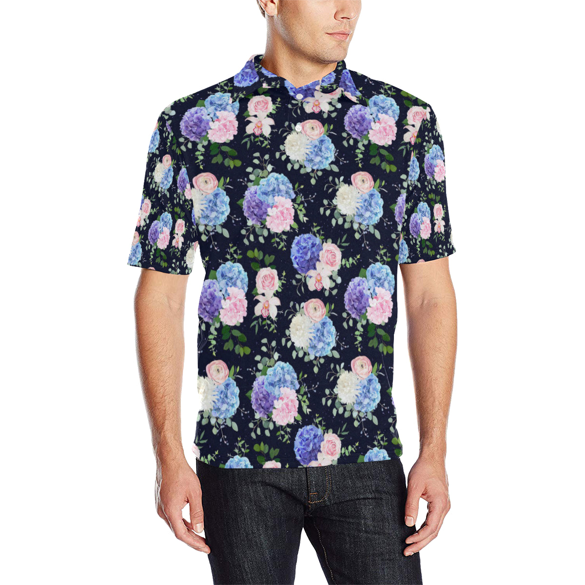 Hydrangea Pattern Print Design HD01 Men Polo Shirt