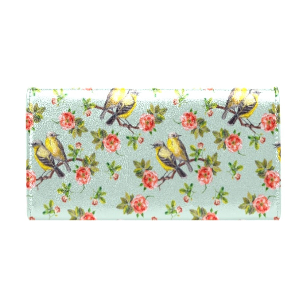Bird with Red Flower Print Pattern Women's Trifold Wallet