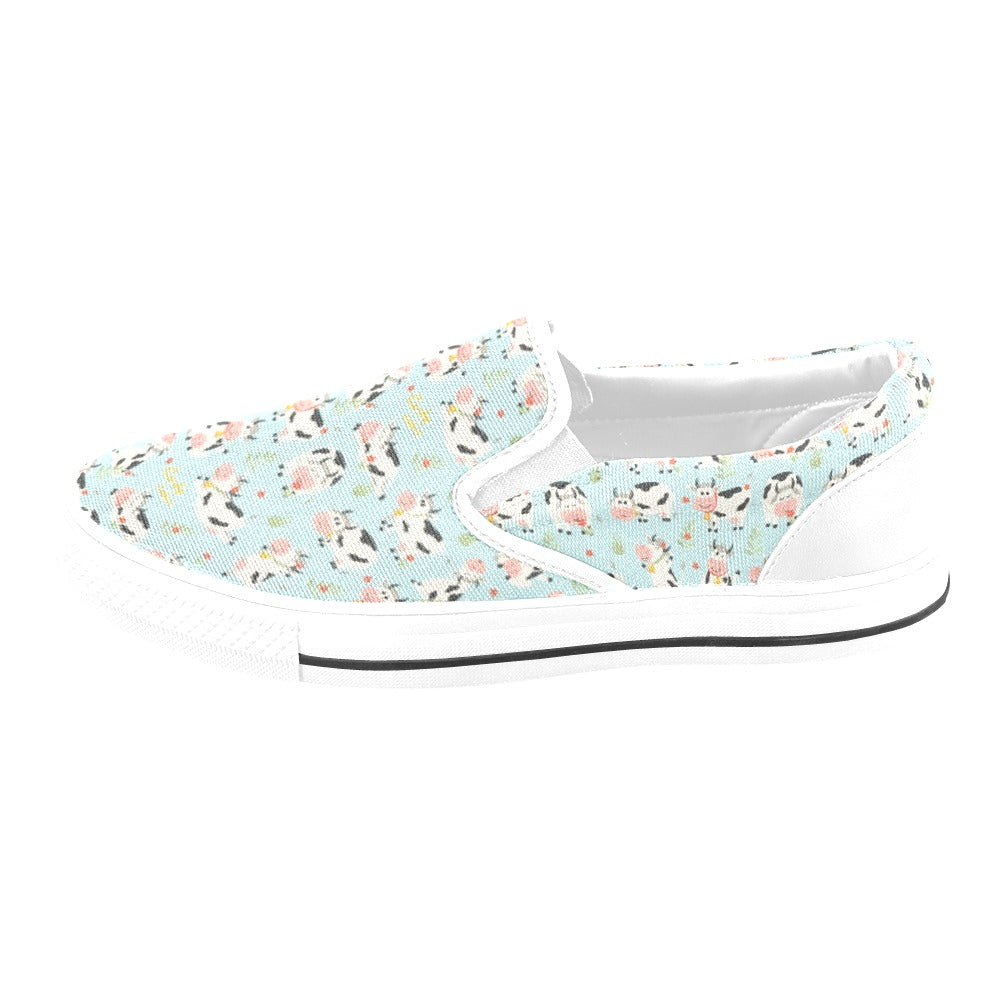 Cattle Print Design LKS403 White Slip Ons Canvas Women's Shoes
