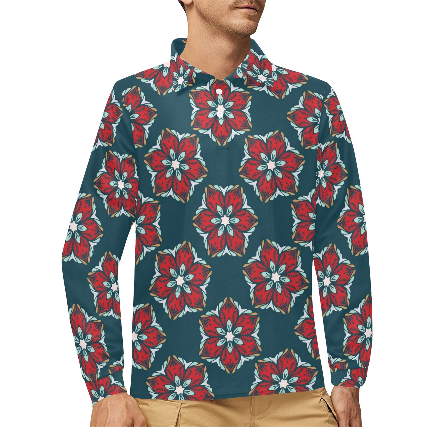 Poinsettia Pattern Print Design A03 Long Sleeve Polo Shirt For Men's