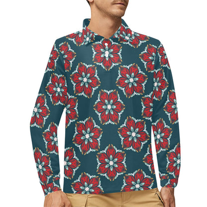 Poinsettia Pattern Print Design A03 Long Sleeve Polo Shirt For Men's