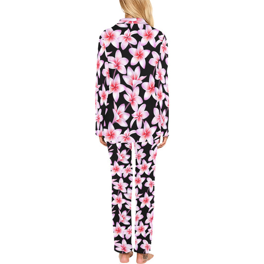 Pink Plumeria Pattern Print Design PM09 Women's Long Pajama Set