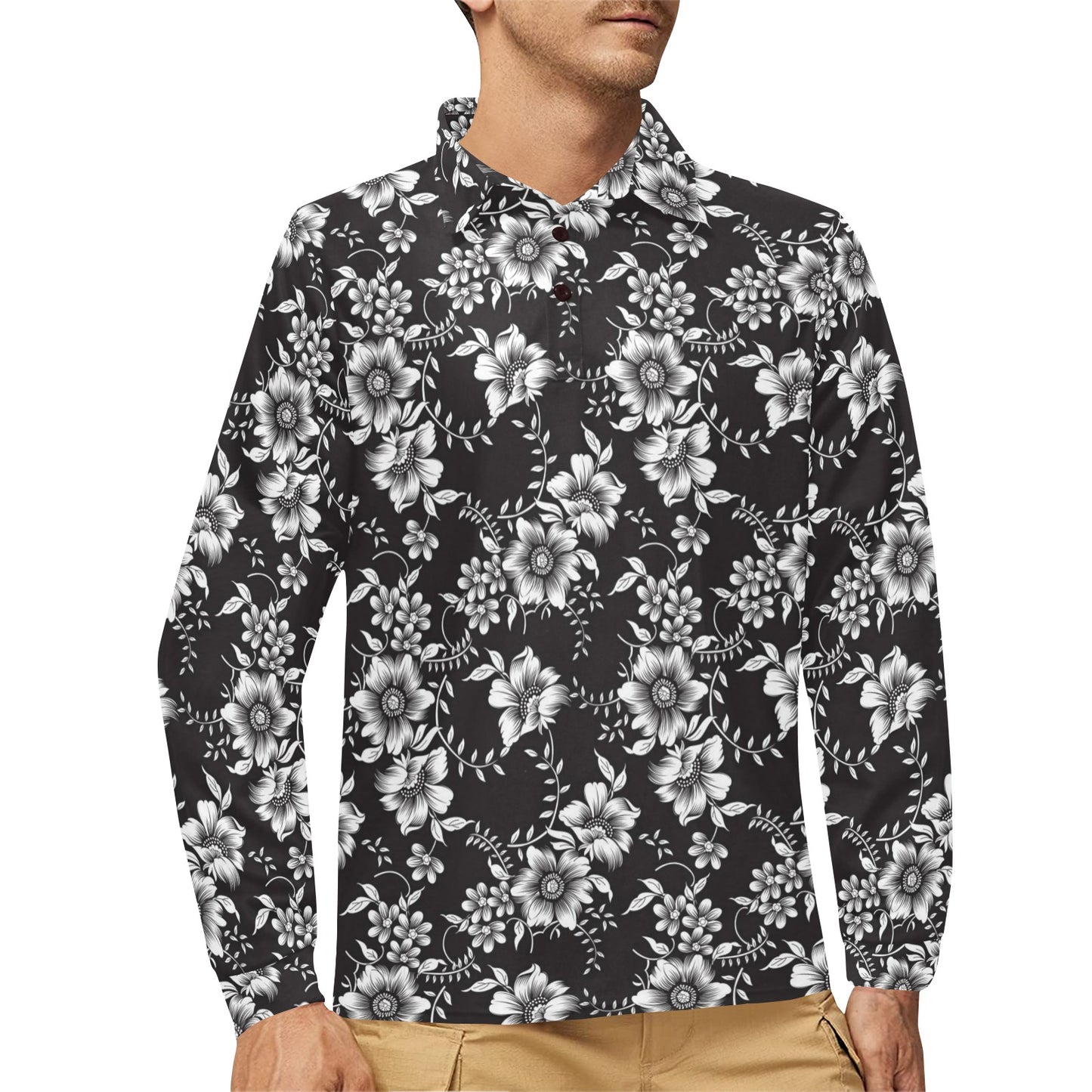 Gerberas Pattern Print Design GB02 Long Sleeve Polo Shirt For Men's
