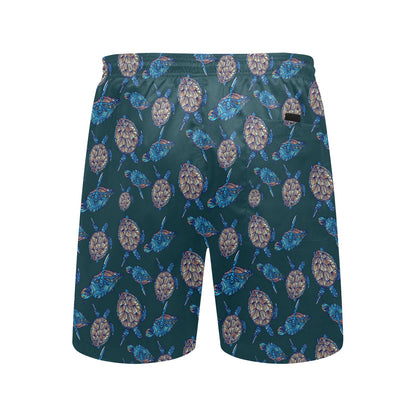 Sea Turtle Hand Drawn Blue Print Men's Swim Trunks Beach Shorts