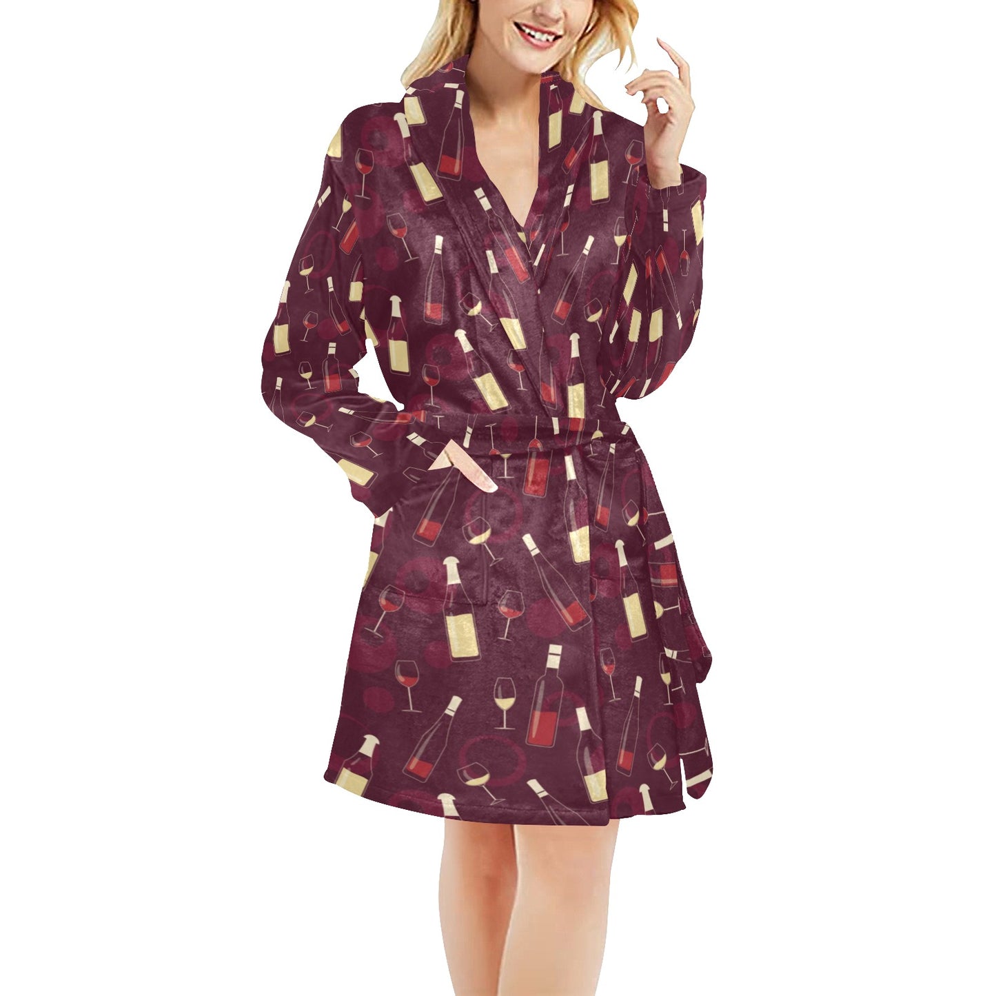 Wine Themed Pattern Print Women's Fleece Robe