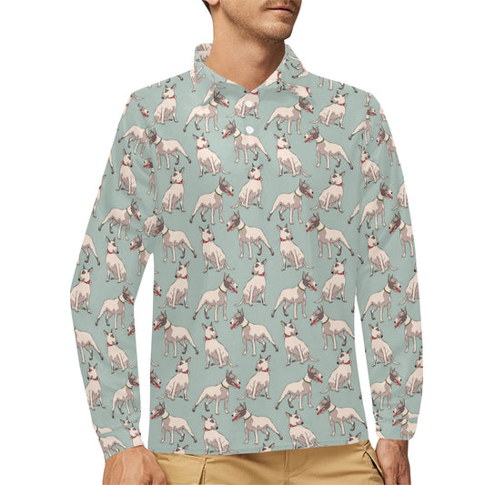 Bull Terrier Cute Print Pattern Long Sleeve Polo Shirt For Men's
