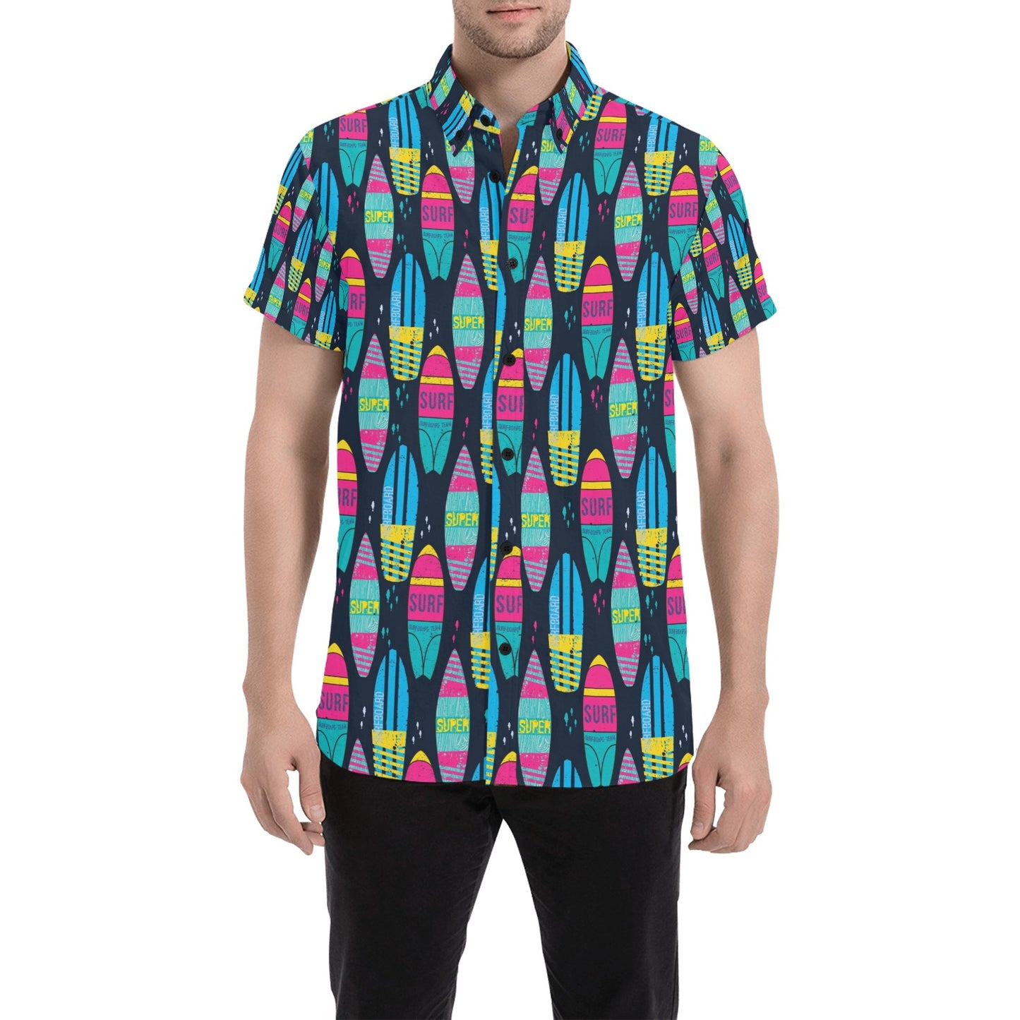 Surfboard Colorful Print Design LKS302 Men Short Sleeve Button Up Shirt