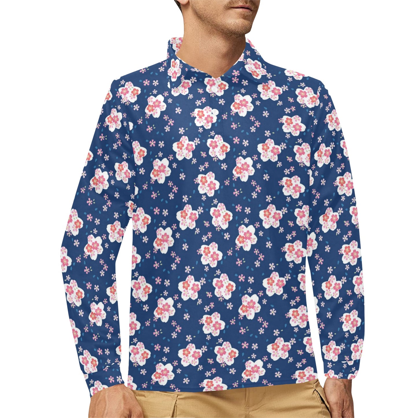 Sakura Print Design LKS306 Long Sleeve Polo Shirt For Men's