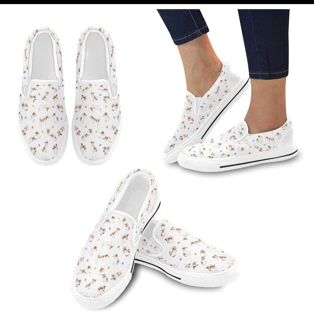 Russell Terriers With Balls Print Design LKS307 White Slip Ons Canvas Women's Shoes