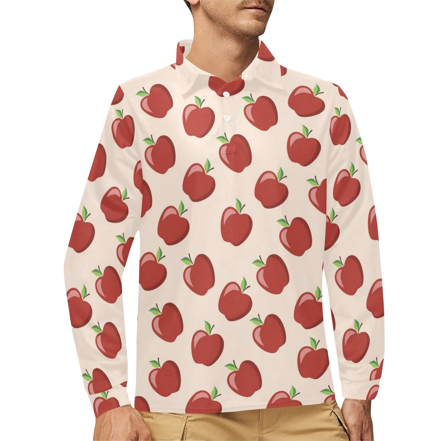 Apple Pattern Print Design AP01 Long Sleeve Polo Shirt For Men's