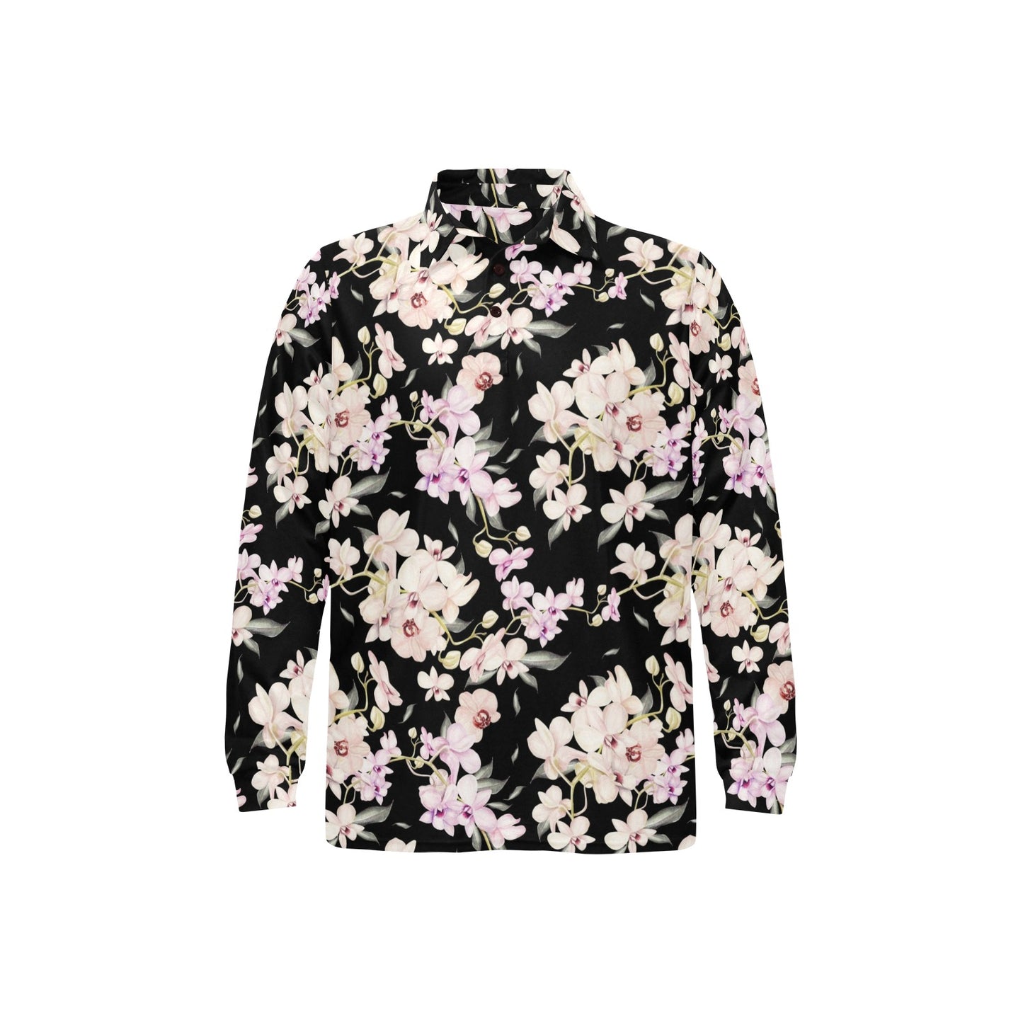Orchid White Pattern Print Design OR03 Long Sleeve Polo Shirt For Men's