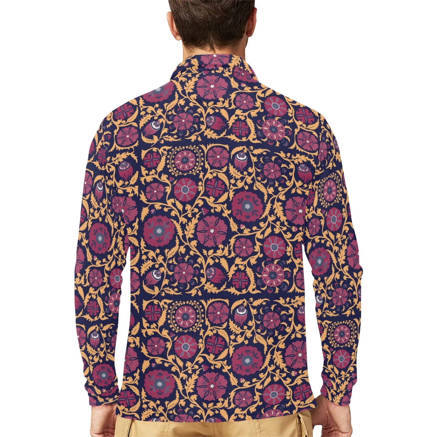 Suzani Print Design LKS303 Long Sleeve Polo Shirt For Men's