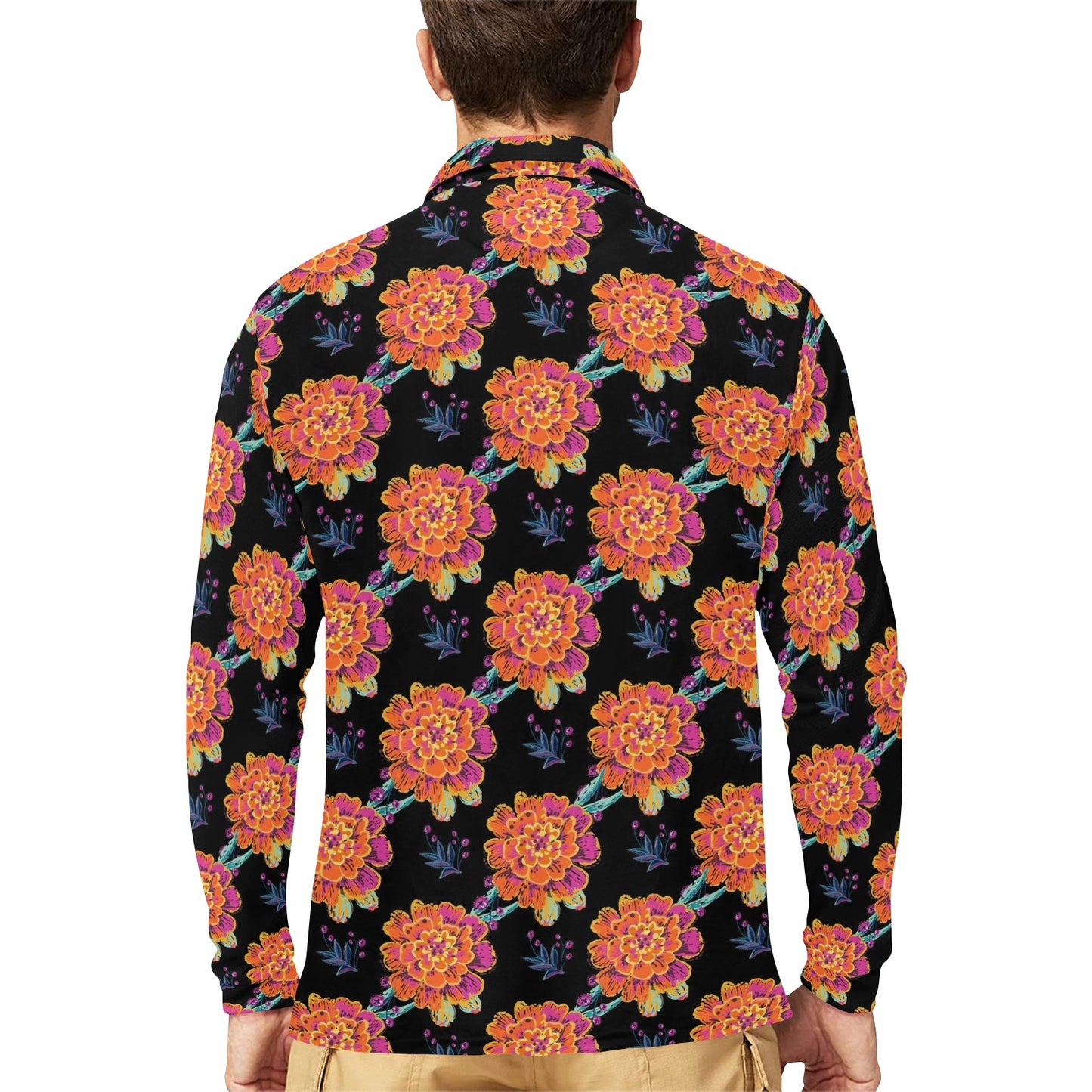 Marigold Pattern Print Design MR04 Long Sleeve Polo Shirt For Men's