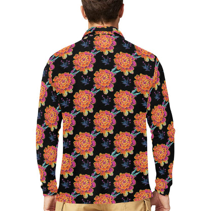 Marigold Pattern Print Design MR04 Long Sleeve Polo Shirt For Men's