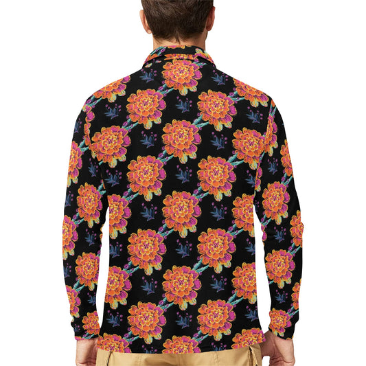 Marigold Pattern Print Design MR04 Long Sleeve Polo Shirt For Men's