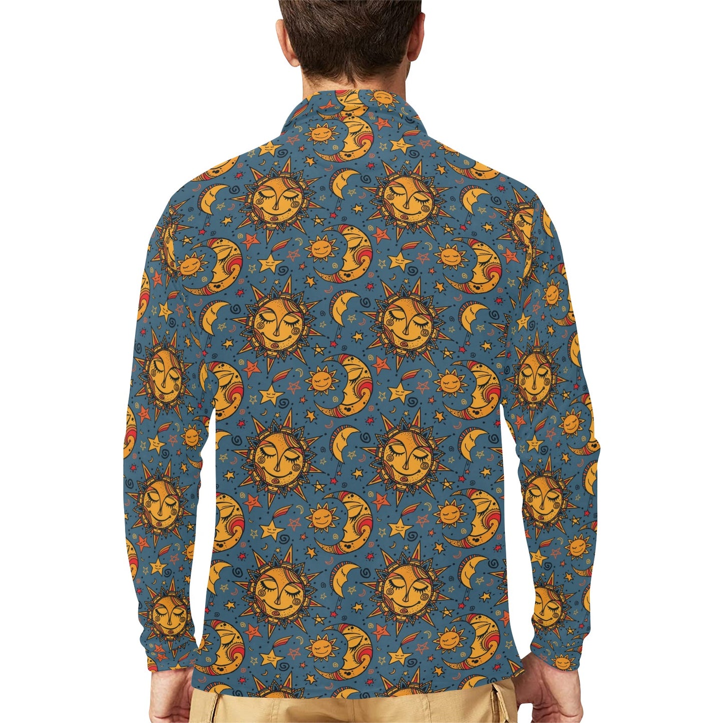 Celestial Moon Sun Pattern Print Design 02 Long Sleeve Polo Shirt For Men's
