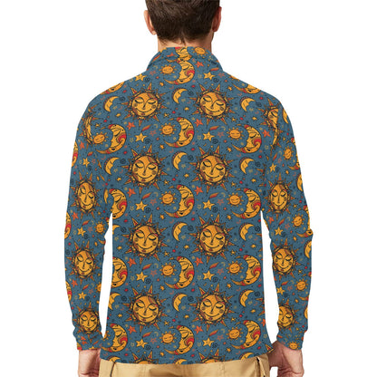 Celestial Moon Sun Pattern Print Design 02 Long Sleeve Polo Shirt For Men's