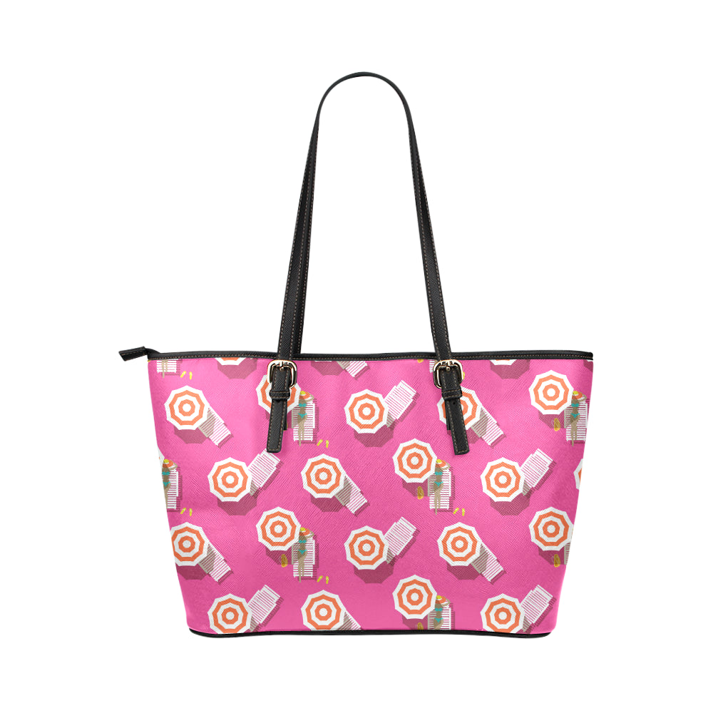 Beach Top View Umbrella Theme Leather Tote Bag