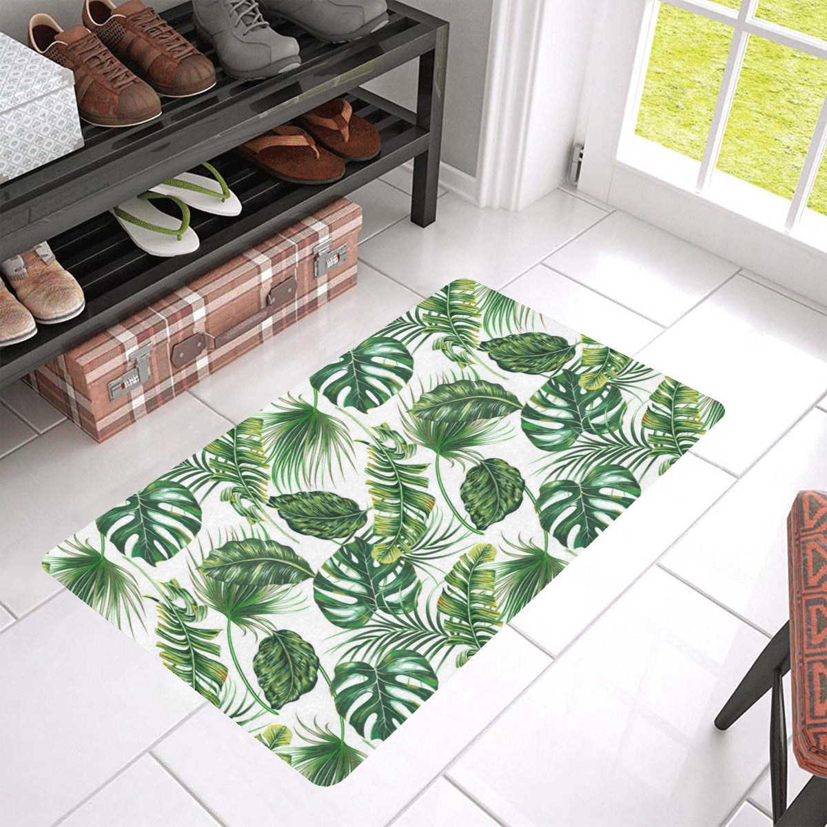 Green Pattern Tropical Palm Leaves Rubber Doormat