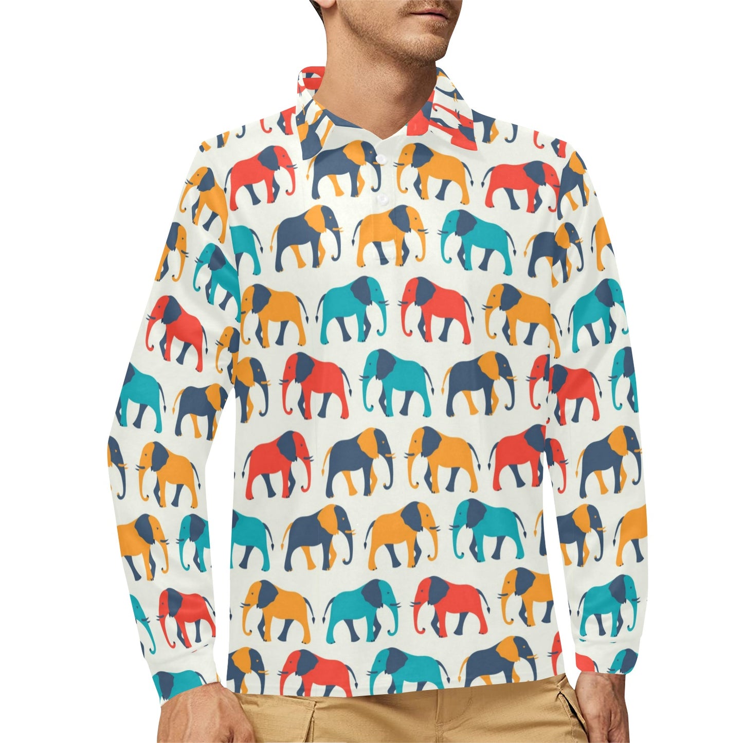 Elephant Colorful Print Pattern Long Sleeve Polo Shirt For Men's