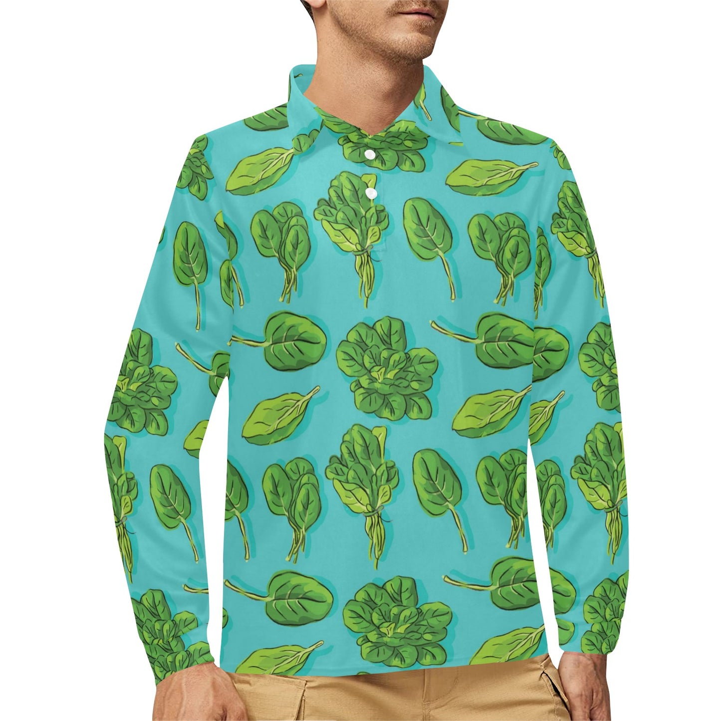 Spinach Print Design LKS301 Long Sleeve Polo Shirt For Men's