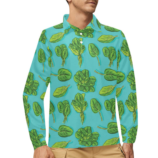 Spinach Print Design LKS301 Long Sleeve Polo Shirt For Men's