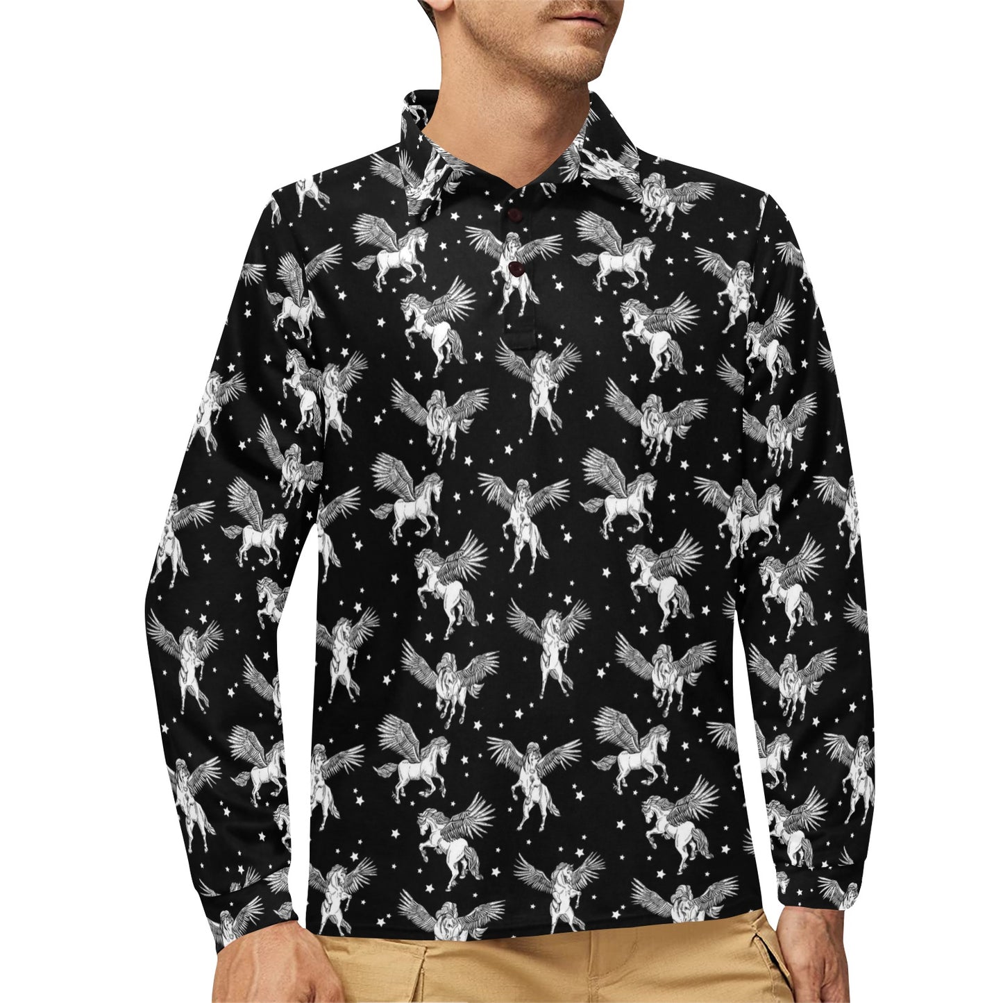 Pegasus Pattern Print Design 01 Long Sleeve Polo Shirt For Men's