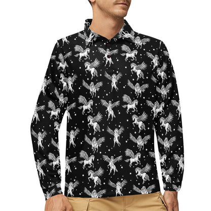 Pegasus Pattern Print Design 01 Long Sleeve Polo Shirt For Men's