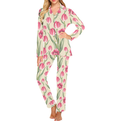 Tulip Pink Pattern Print Design TP06 Women's Long Pajama Set