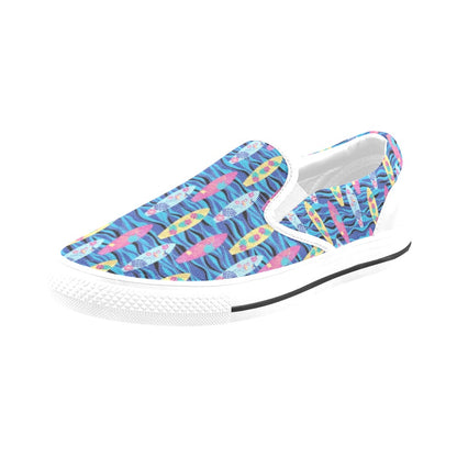 Surfboard Print Design LKS304 White Slip Ons Canvas Women's Shoes