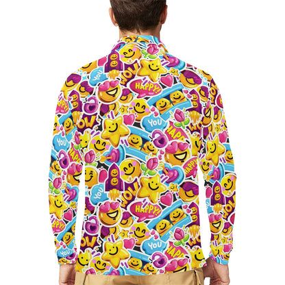 Emoji Sticker Print Pattern Long Sleeve Polo Shirt For Men's