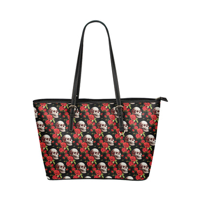Red Rose Skull Design Print Leather Tote Bag