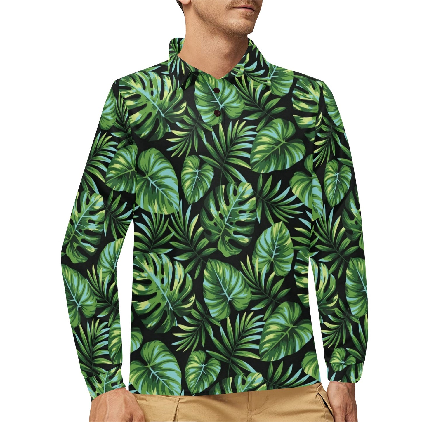 Palm Leaves Pattern Print Design PL013 Long Sleeve Polo Shirt For Men's