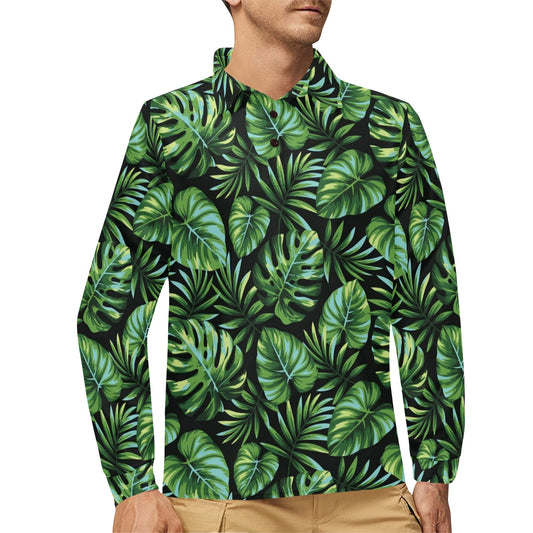 Palm Leaves Pattern Print Design PL013 Long Sleeve Polo Shirt For Men's