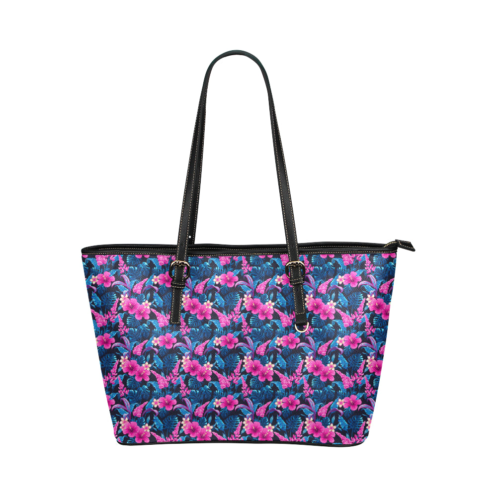 Tropical Folower Pink Themed Print Leather Tote Bag