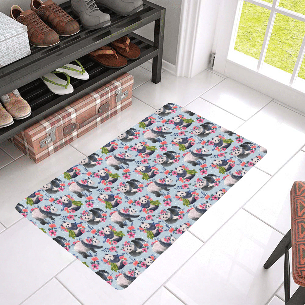 Panda Bear Flower Design Themed Print Rubber Doormat