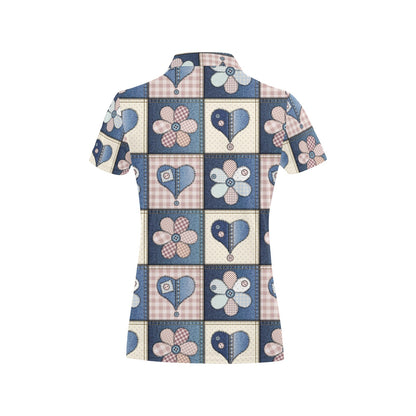 Patchwork Heart Flower Pattern Print Design 01 Women's Polo Shirt