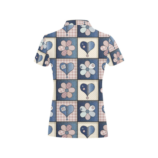 Patchwork Heart Flower Pattern Print Design 01 Women's Polo Shirt