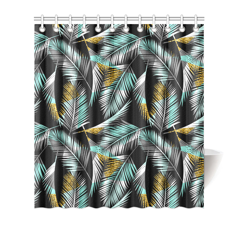 Gold Glitter Cyan Tropical Palm Leaves Shower Curtain
