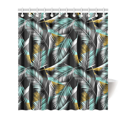 Gold Glitter Cyan Tropical Palm Leaves Shower Curtain
