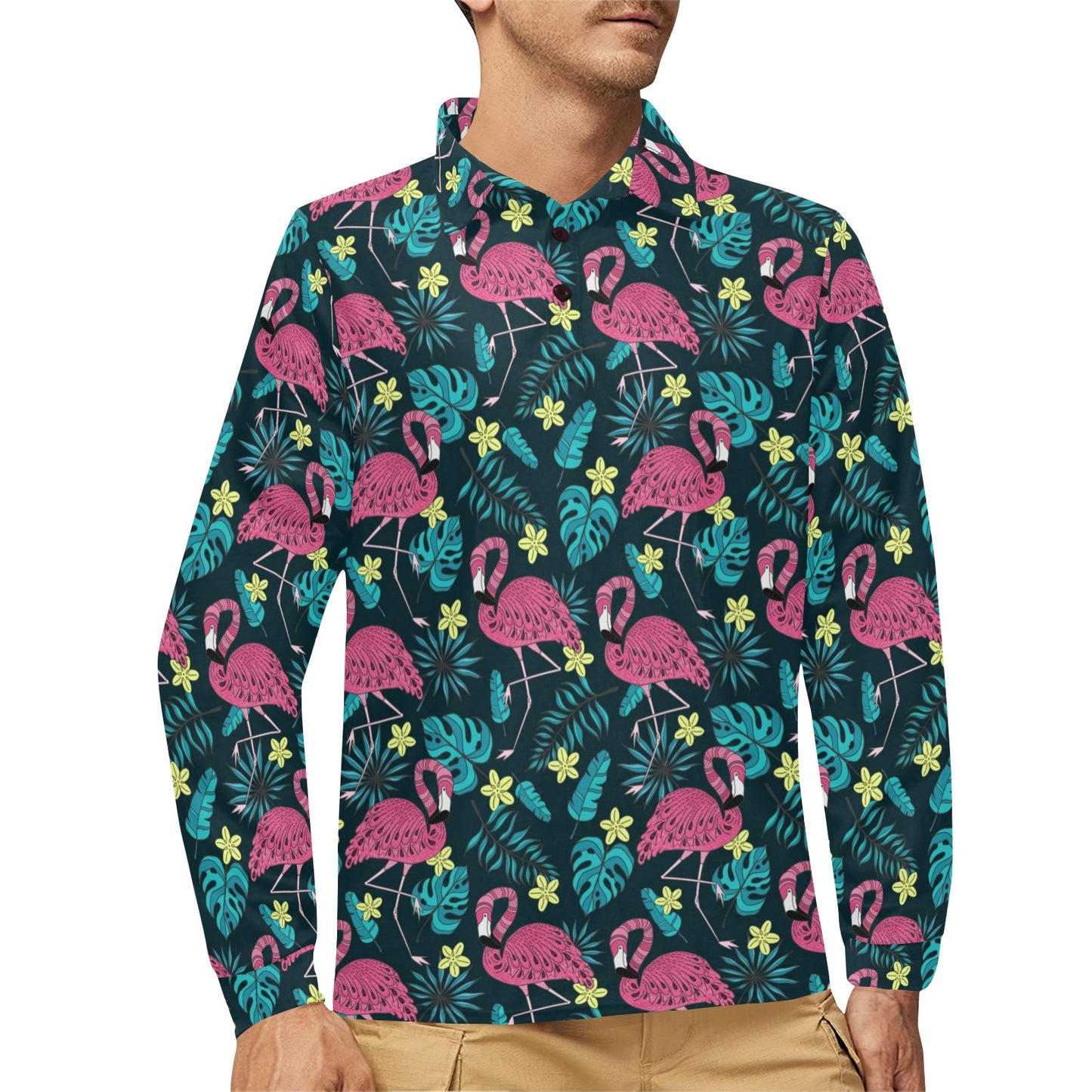 Flamingo Print Pattern Long Sleeve Polo Shirt For Men's
